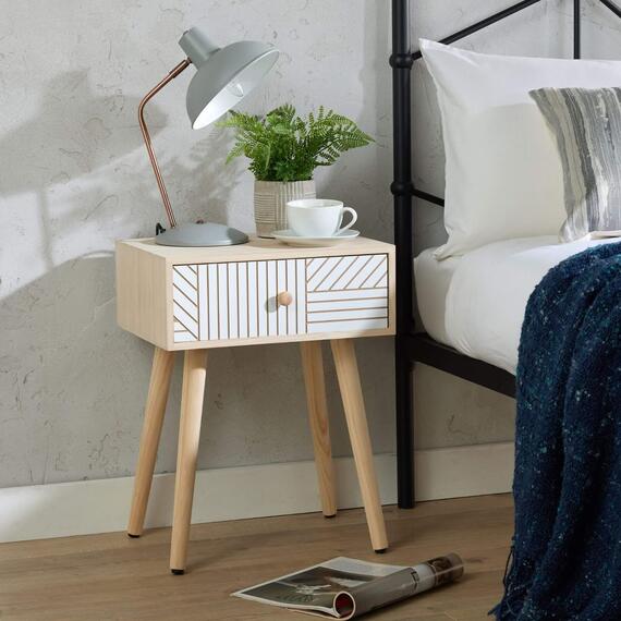 Home Source Romford 1 Drawer Bedside Table Storage Unit - NaturalWhite