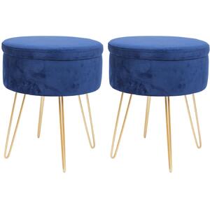 2x Round Velvet Storage Footstools - Gold Hairpin Legs