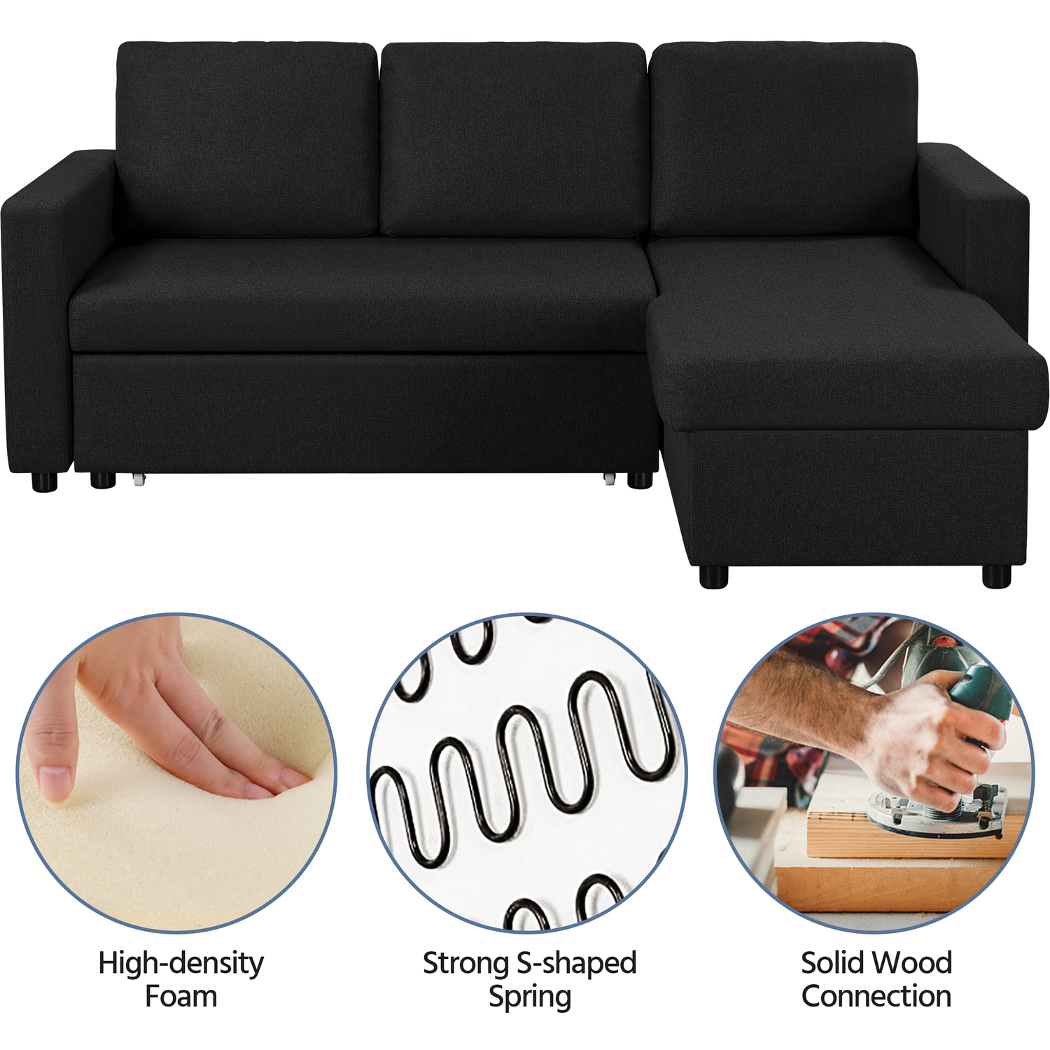 Yaheetech L-shaped Sofa Bed With Pull Out Storage - Black