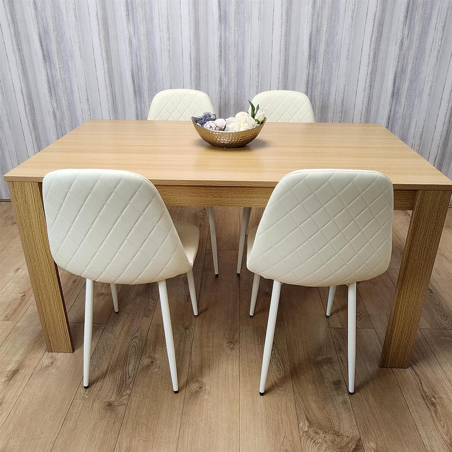 Kosy Koala - Dining Set Of Oak Effect Dining Table And 4 Gem Patterned Stitched Chairs - Cream thumbnail