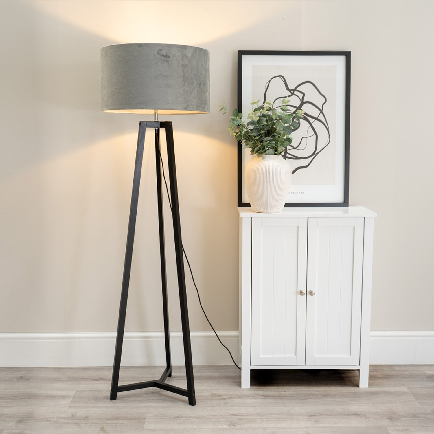 Lottie Wood Floor Lamp with Velvet Shade and LED Bulb - Grey