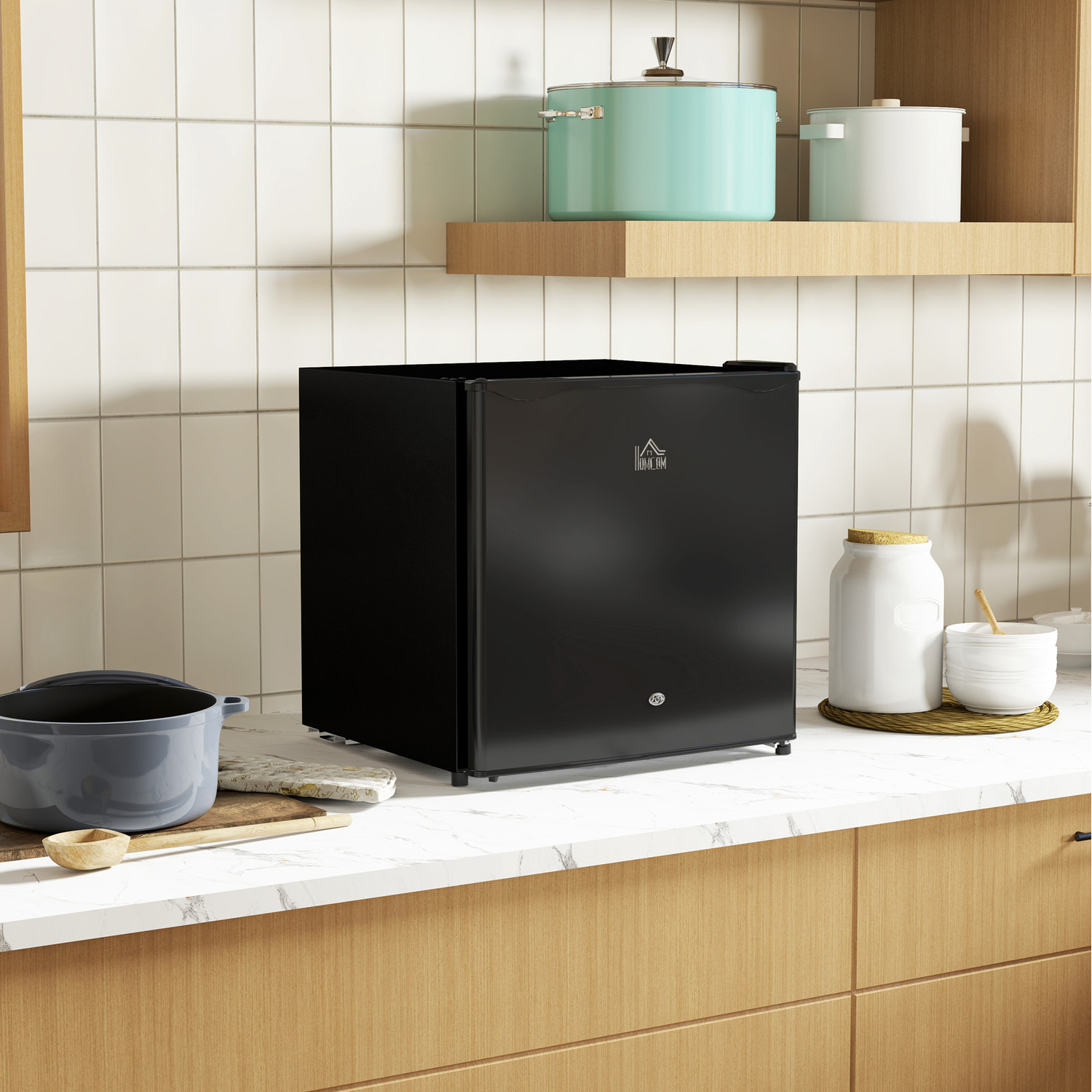 HOMCOM 46 Litre Table Top Mini Fridge With Ice Box - Reversible Door, Adjustable Temp, For Bedroom, Office, Black