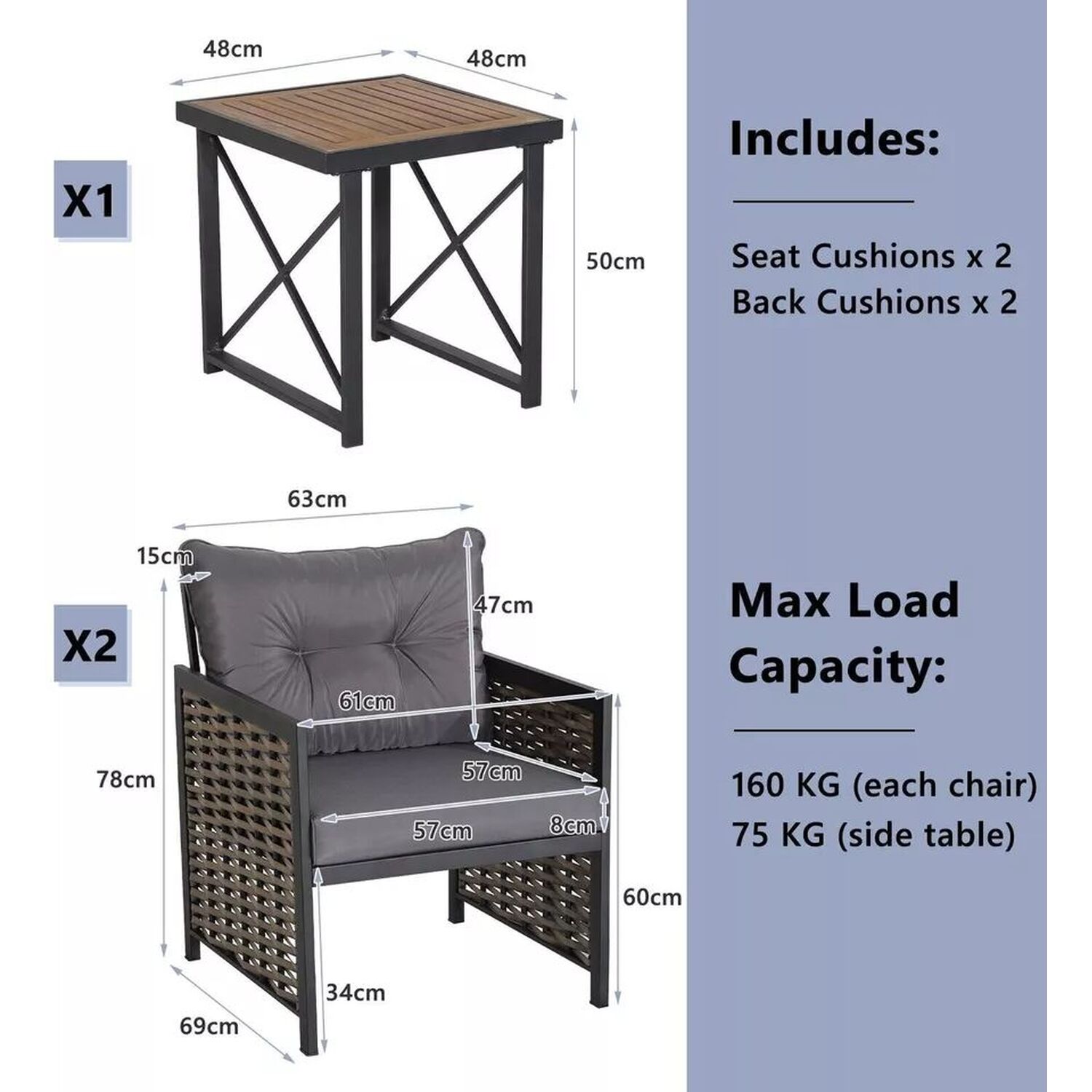 3 Piece Rattan Conversation Set Patio Wicker Chairs And Coffee Table Set - Grey