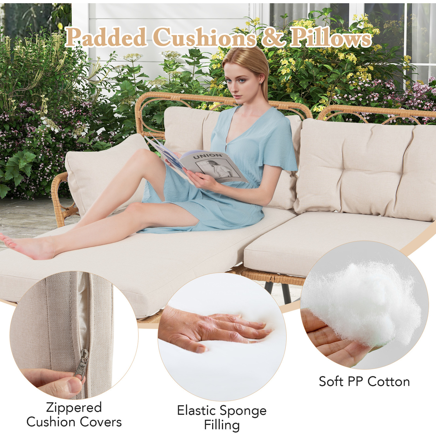 3 Pieces Cushioned Sofa Set With Coffee Table - Beige