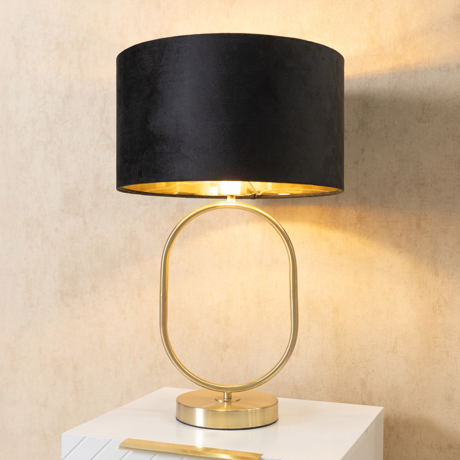 Antonia Brushed Gold Oval Table Lamp Velvet and Metallic Shade and LED Bulb - Black