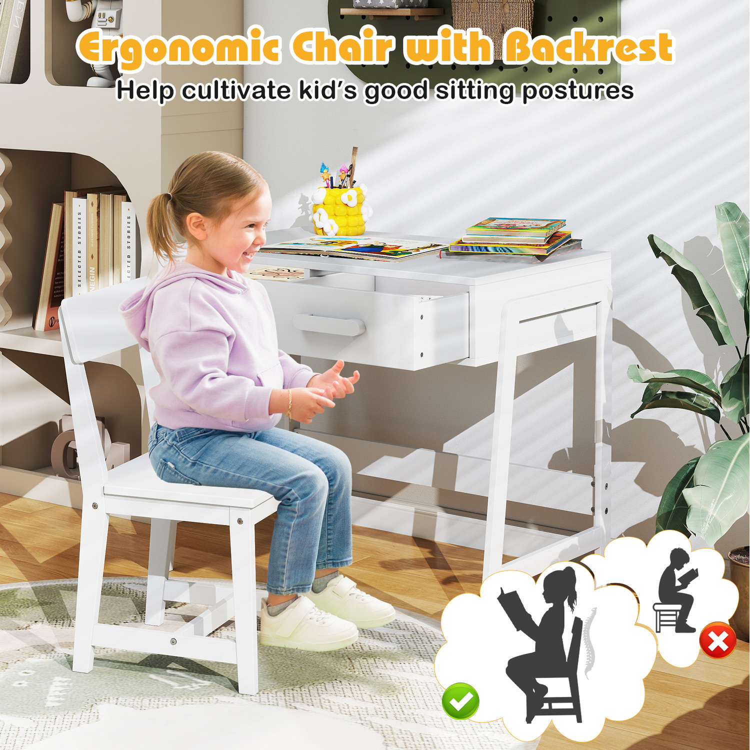 Costway Kids Study Desk Chair Set - White