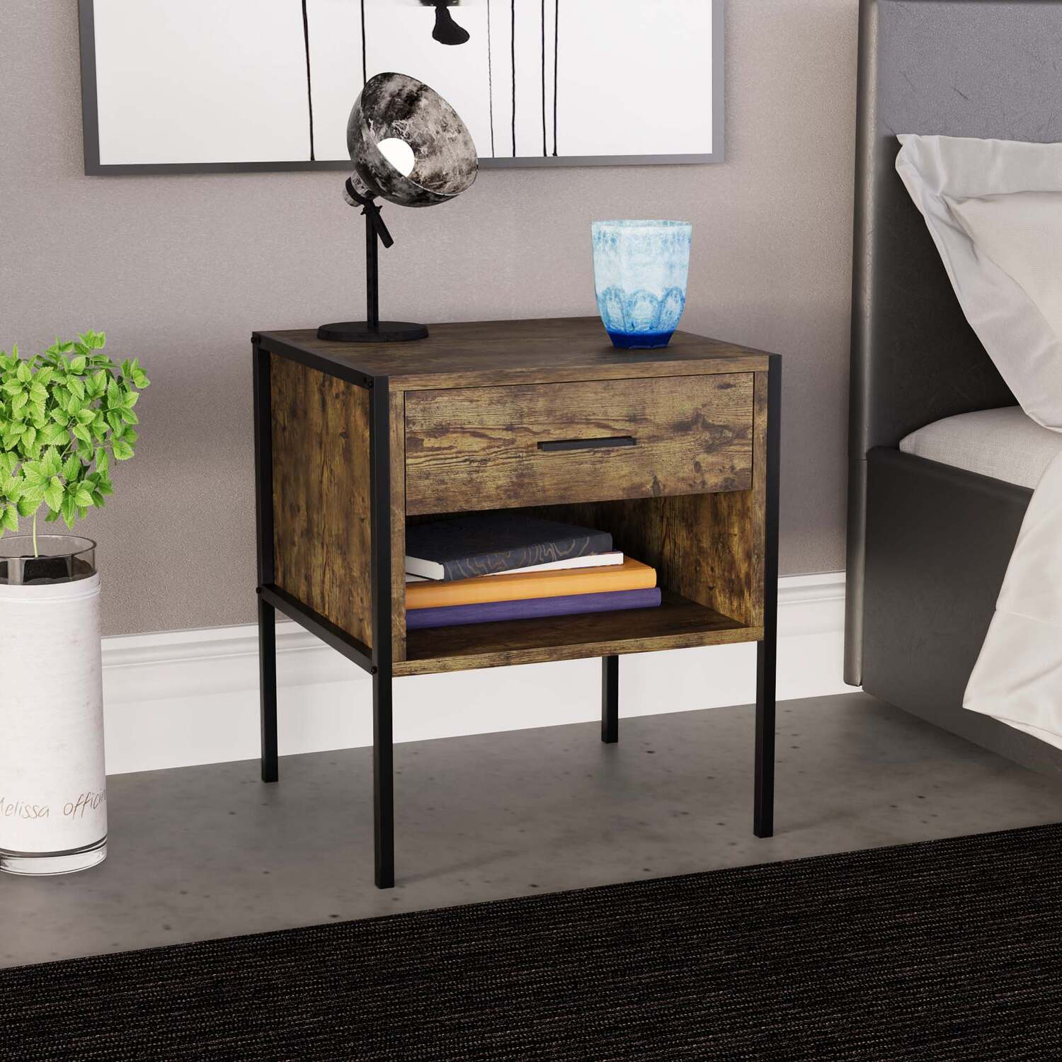 Brooklyn 1 Drawer Bedside Table Chest Nightstand - Grey