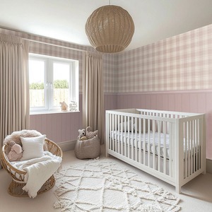 Traditional Check Panel Wallpaper in Cream and Pink with Pink Panel