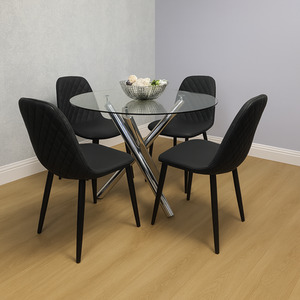 Round Glass Table with  4 Black Leather Chairs