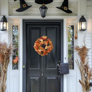 Autumn Wreath with Pumpkins, Maple Leaves and Berries