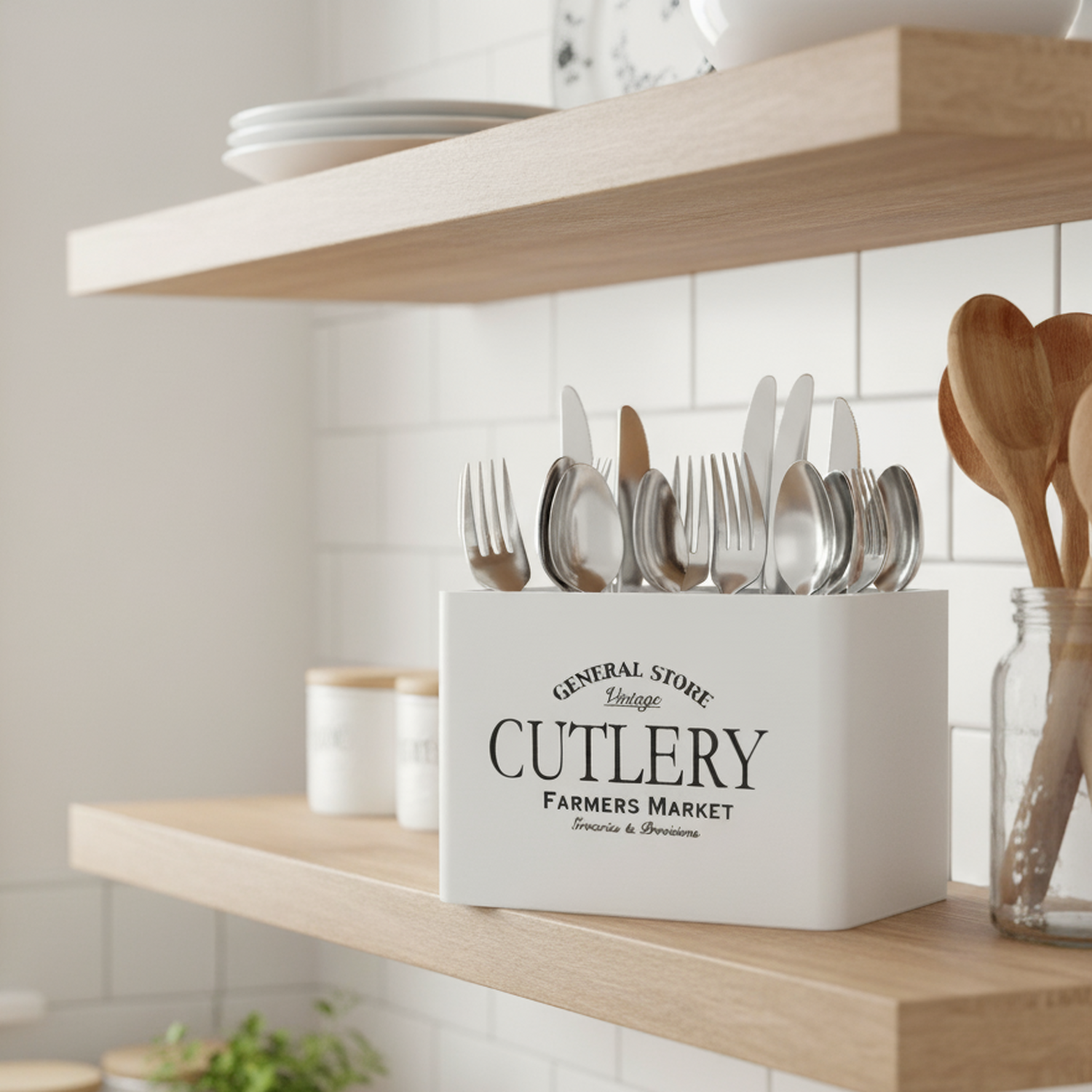 Image of White Farmhouse Cutlery Caddy with Vintage&hellip;