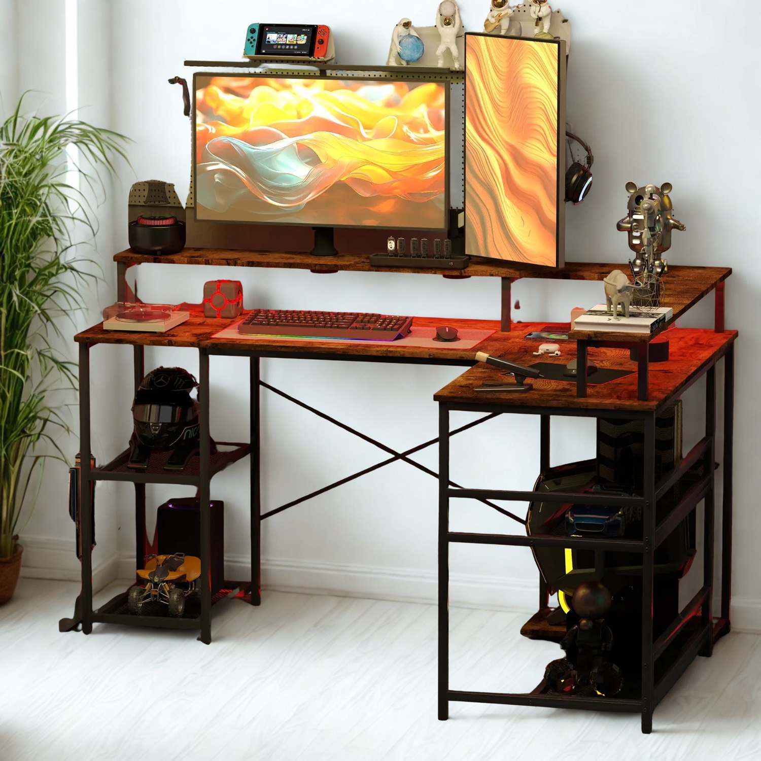 Industrial L Shaped Computer Desk With Usb Outlets And Led Lights - Rustic Brown