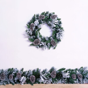 Flocked Decorated Mixed Pine Wreath with Pine Cones