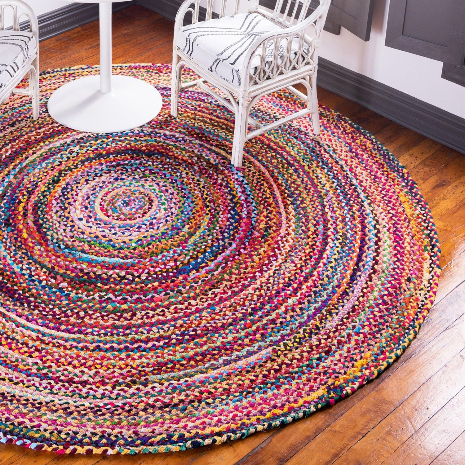 Handmade Round Jute Recycled Cotton Rug Eco Friendly - Multi