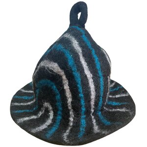 Felted Sauna Bowl Hat - Black  Blue Streaks, Warm Wool Headgear