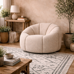 Juniper Retro Boucle Swivel Armchair in Cream