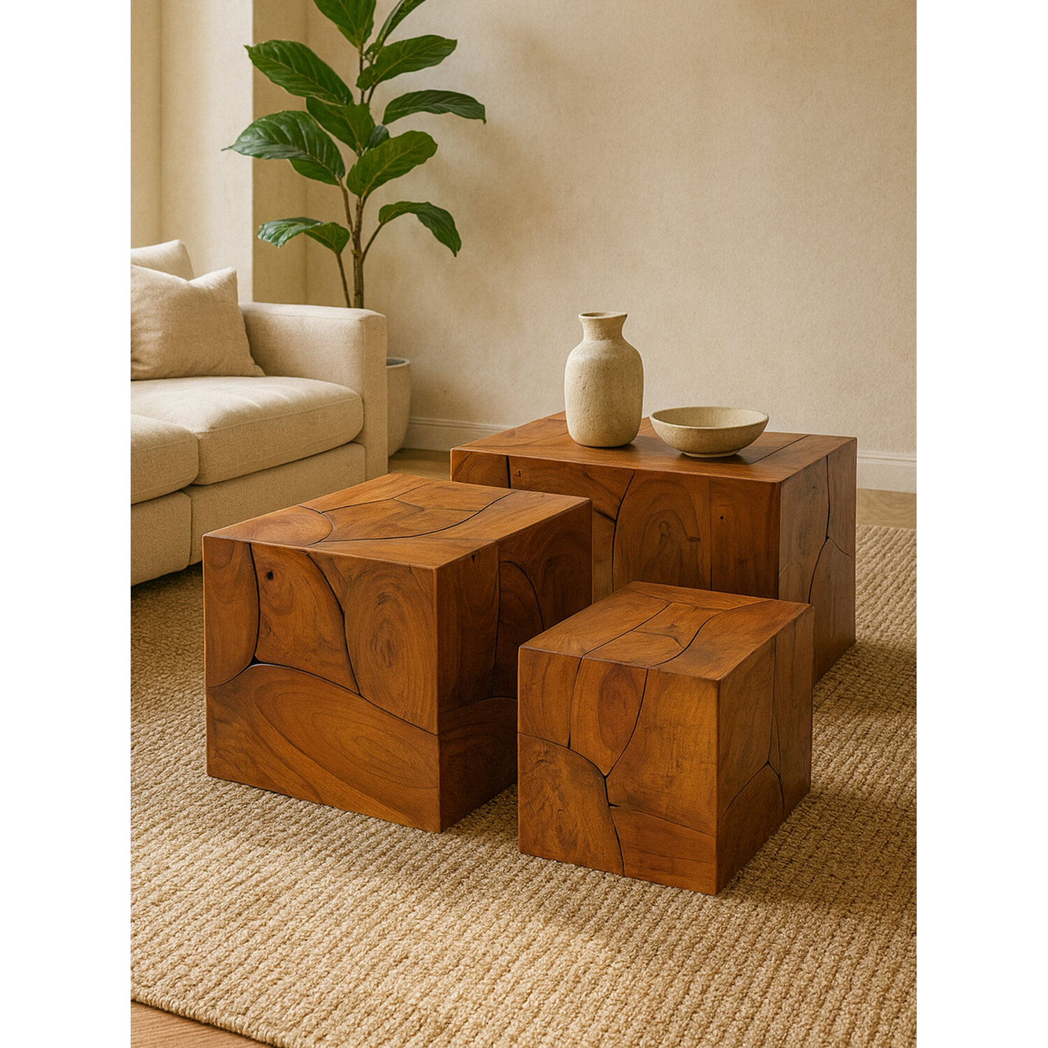 Fifty Five South Surak Set Of 3 Solid Teak Wood Side Tables And Stools - Brown