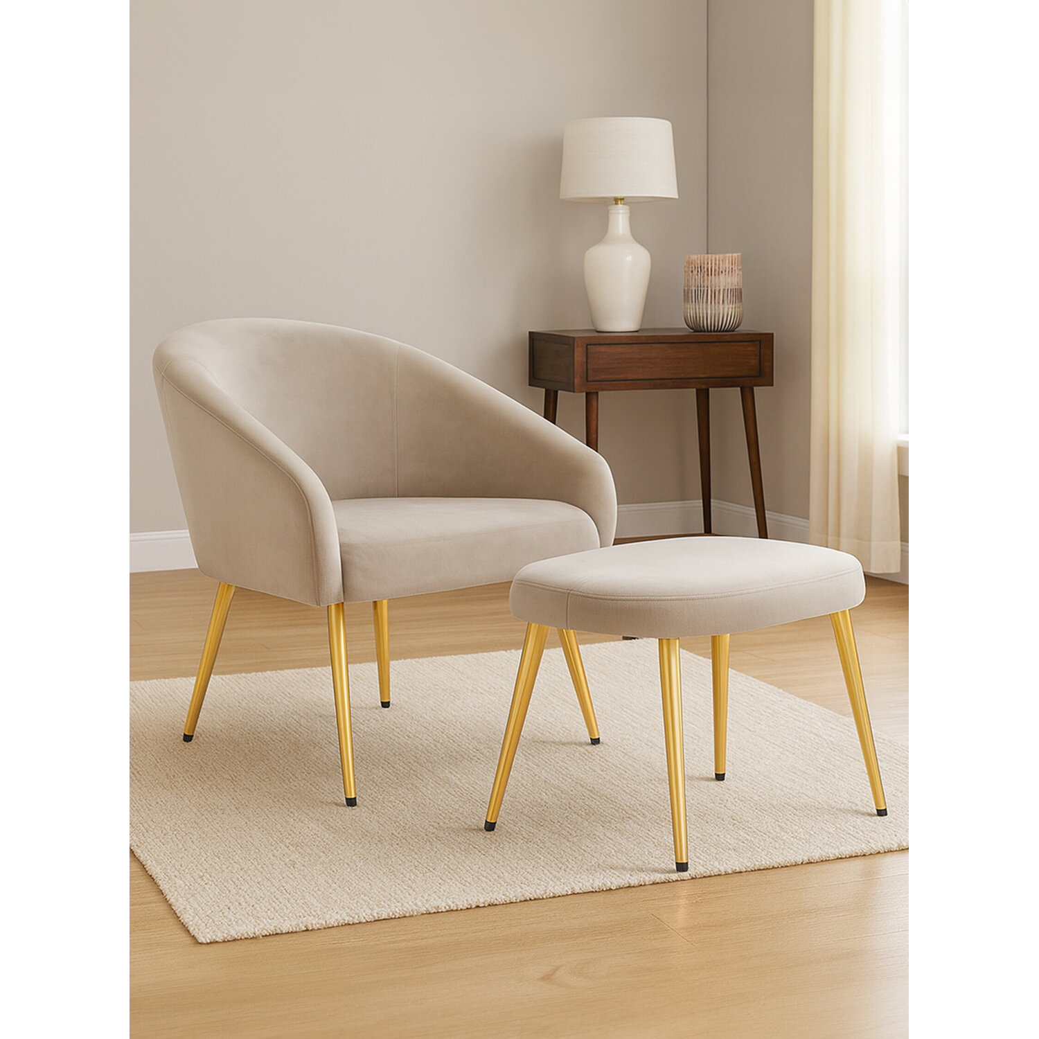 Yasmeen Mink Velvet Chair And Footstool - Grey