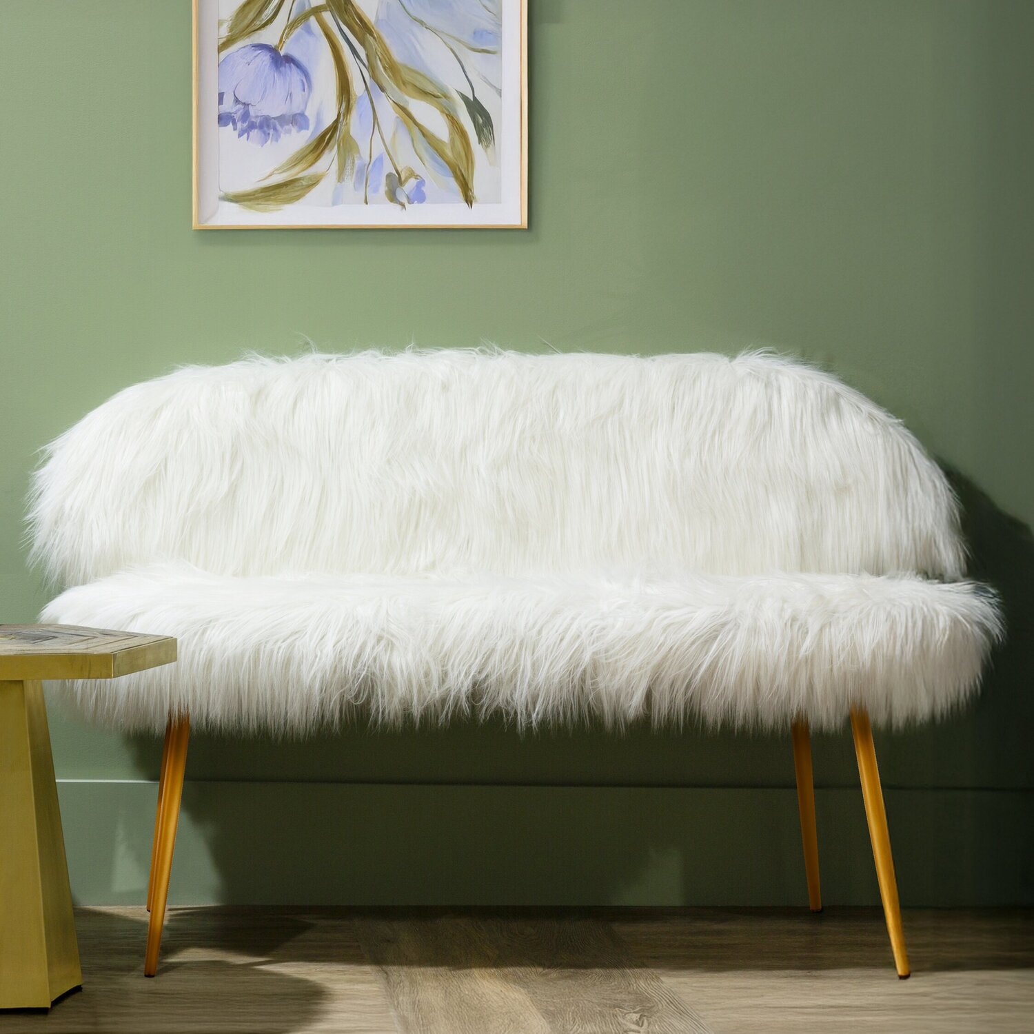 Sienna White Faux Fur 2 Seat Sofa With Gold Finish Legs - White