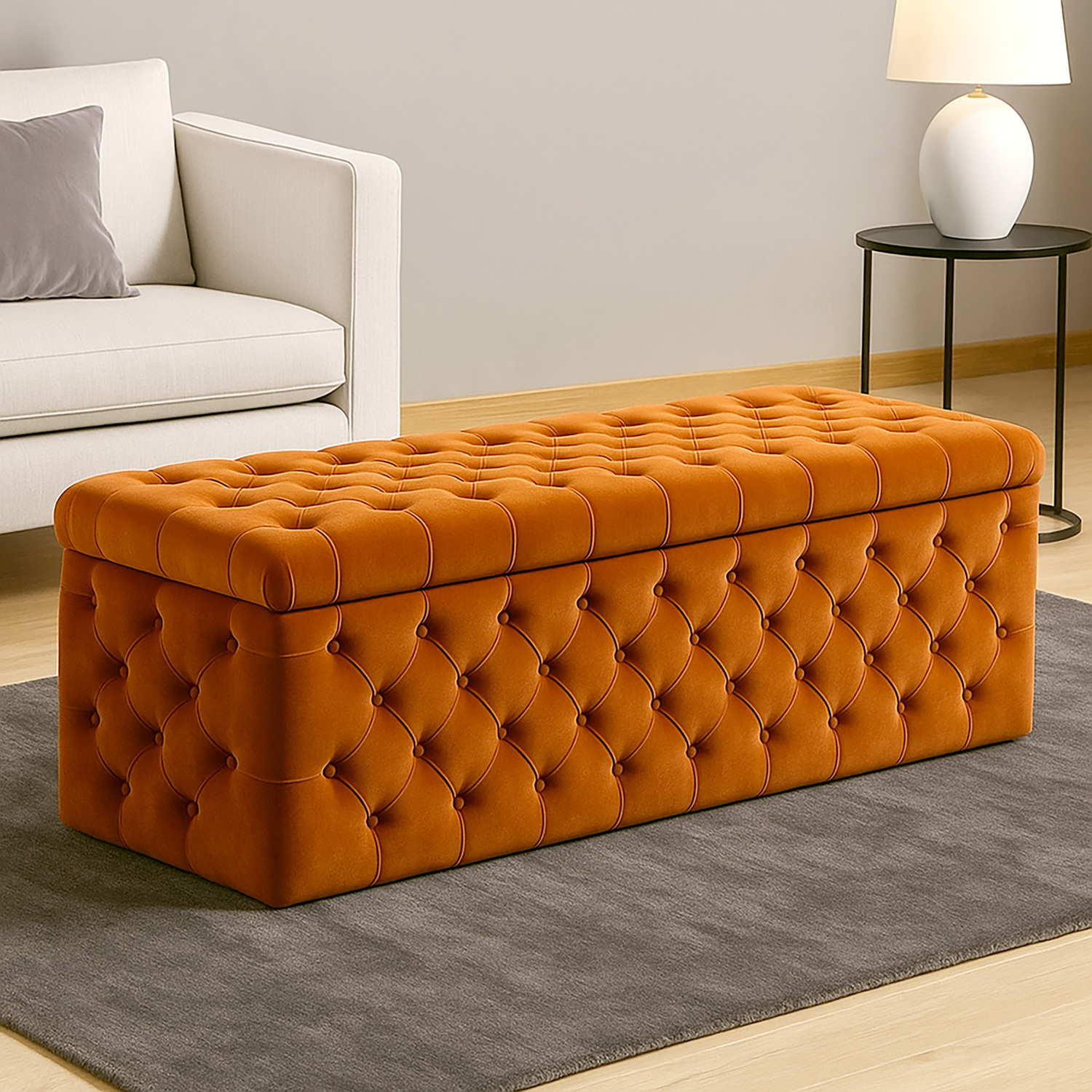 R&M Furnishers Wide Lux Ottoman Storage Box, Silver Velvet Upholstered Chesterfield Storage Ottoman Box - Orange