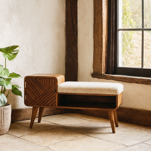 Todi Boucle Telephone Bench Carved Mango Wood Handwoven Cotton