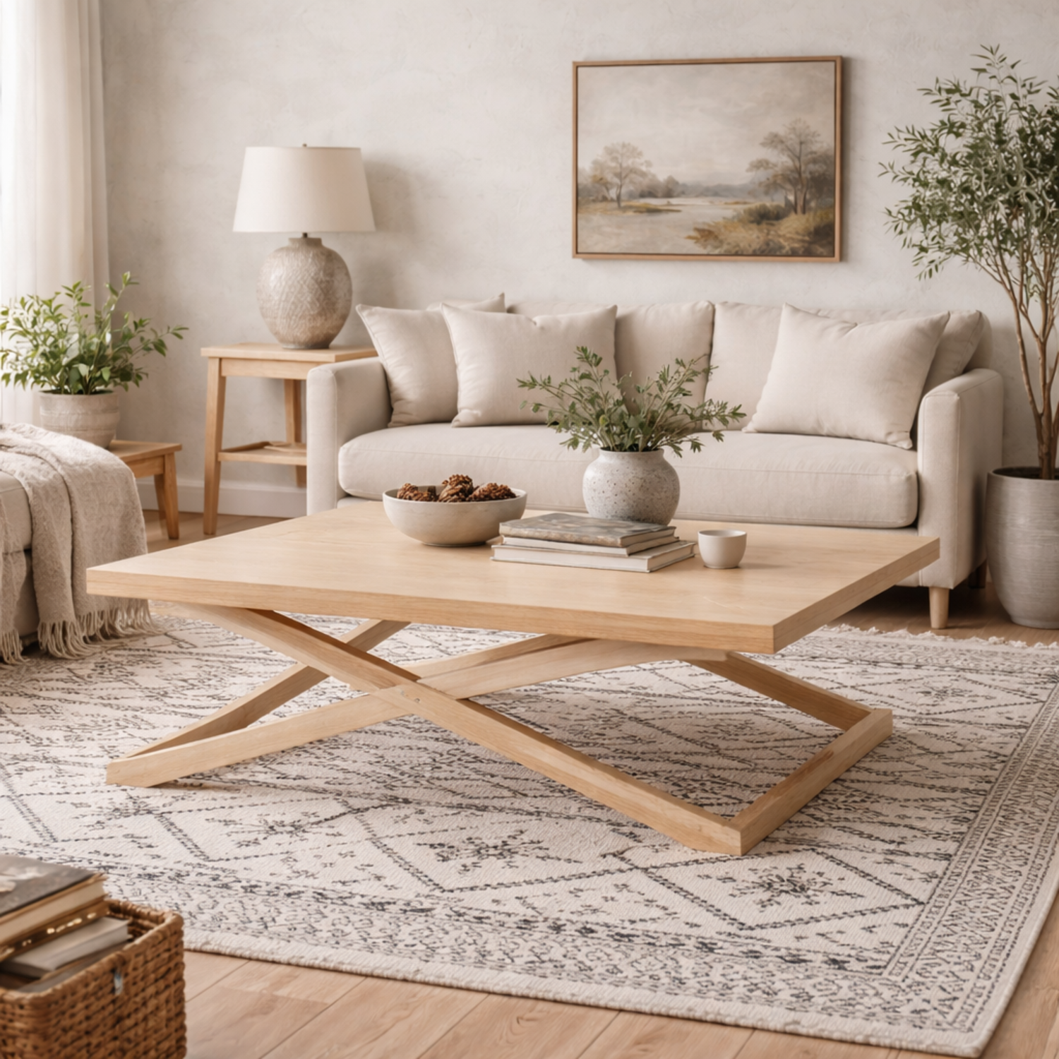 Enniscorthy Large Blonde Veneer Coffee Table X frame Sage Matt Grain Finish - Blonde