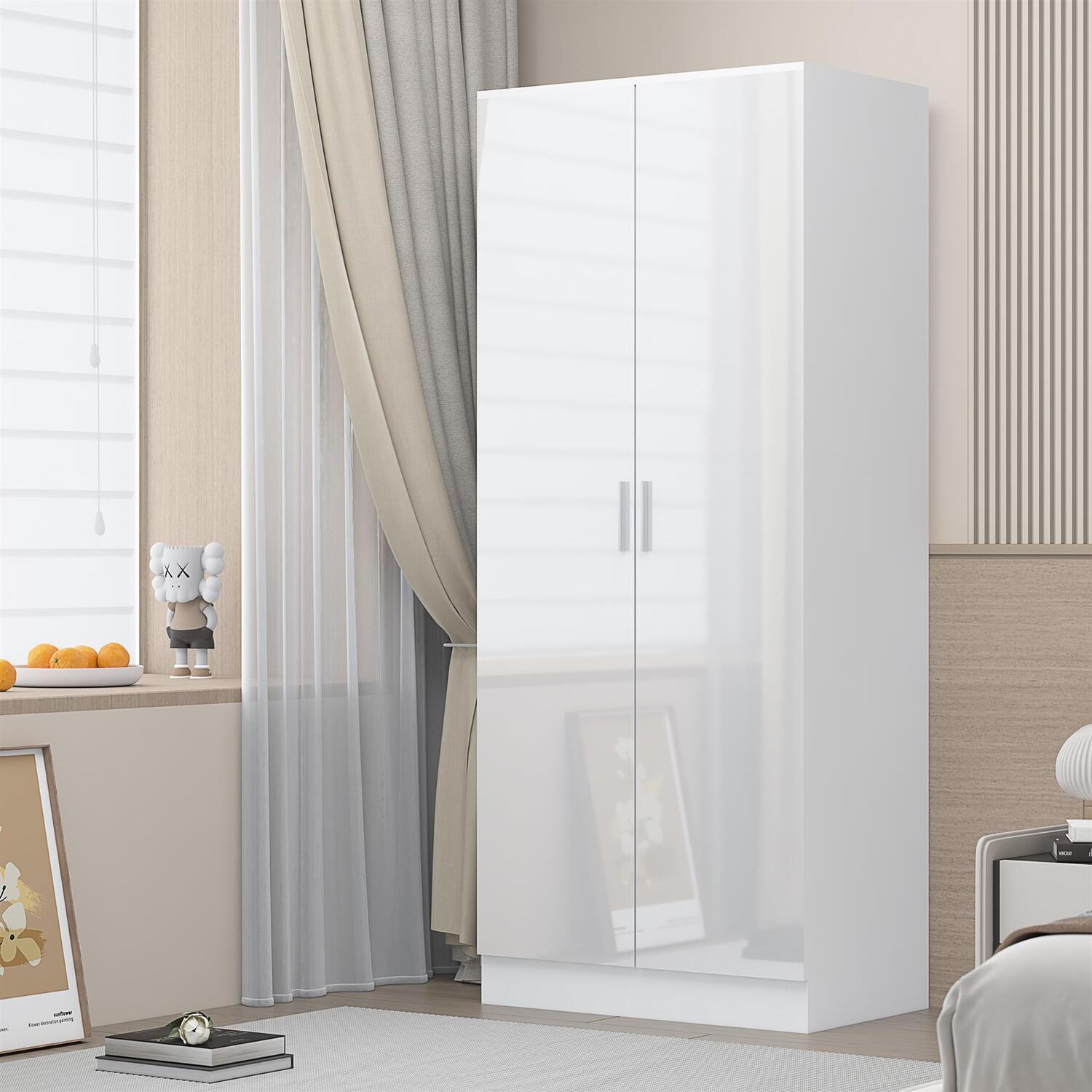 Reflect Wardrobe 2 Door Plain - White High Gloss Front / White Matt Finish - White Gloss / Matt White