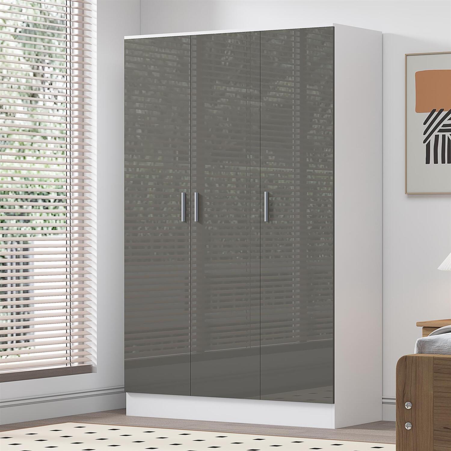 B&Q - 3 Door Plain WardrobeGrey Gloss & Matt WhiteHanging Rail & 4 Shelves- H: 180Cm X W: 113Cm X D: 47CmModern Design - Image 6