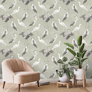 Rasch Design Library Sage Green Stork Heron Natural Birds Nature Wallpaper