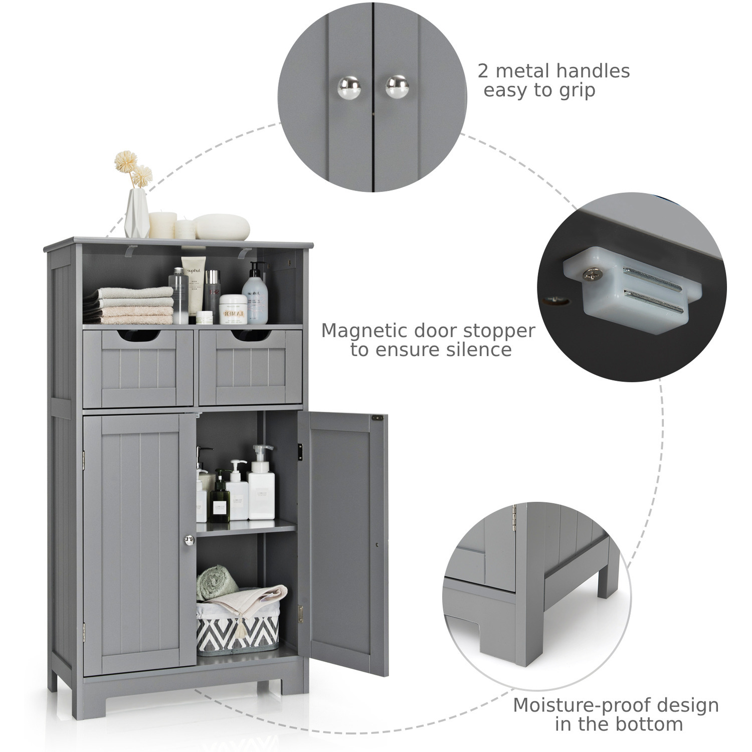 Costway Bathroom Floor Cabinet Standing Cupboard - Grey