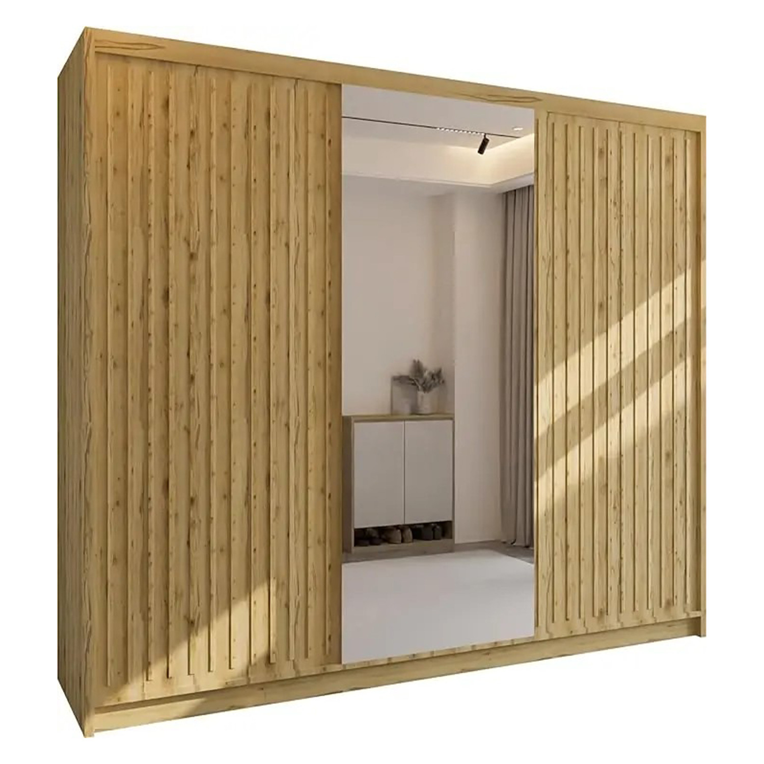 Sliding Wardrobes 4U London Sliding Wardrobe With Mirror Door & Strip Design, Space Saving Sliding Door Wardrobe With Shelves & Hanging Rail - Oak/Oak 250Cm