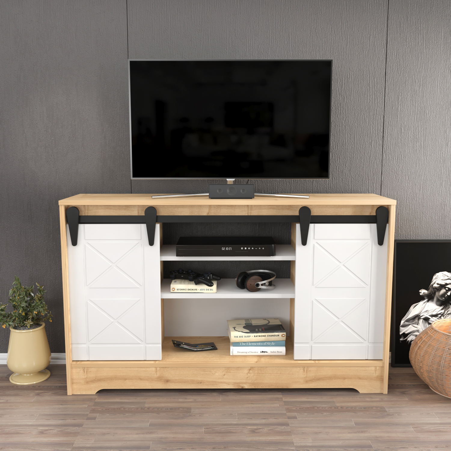 Decorotika Nisay Barn Door Tv Unit For Tvs Up To 63" - Oak And White