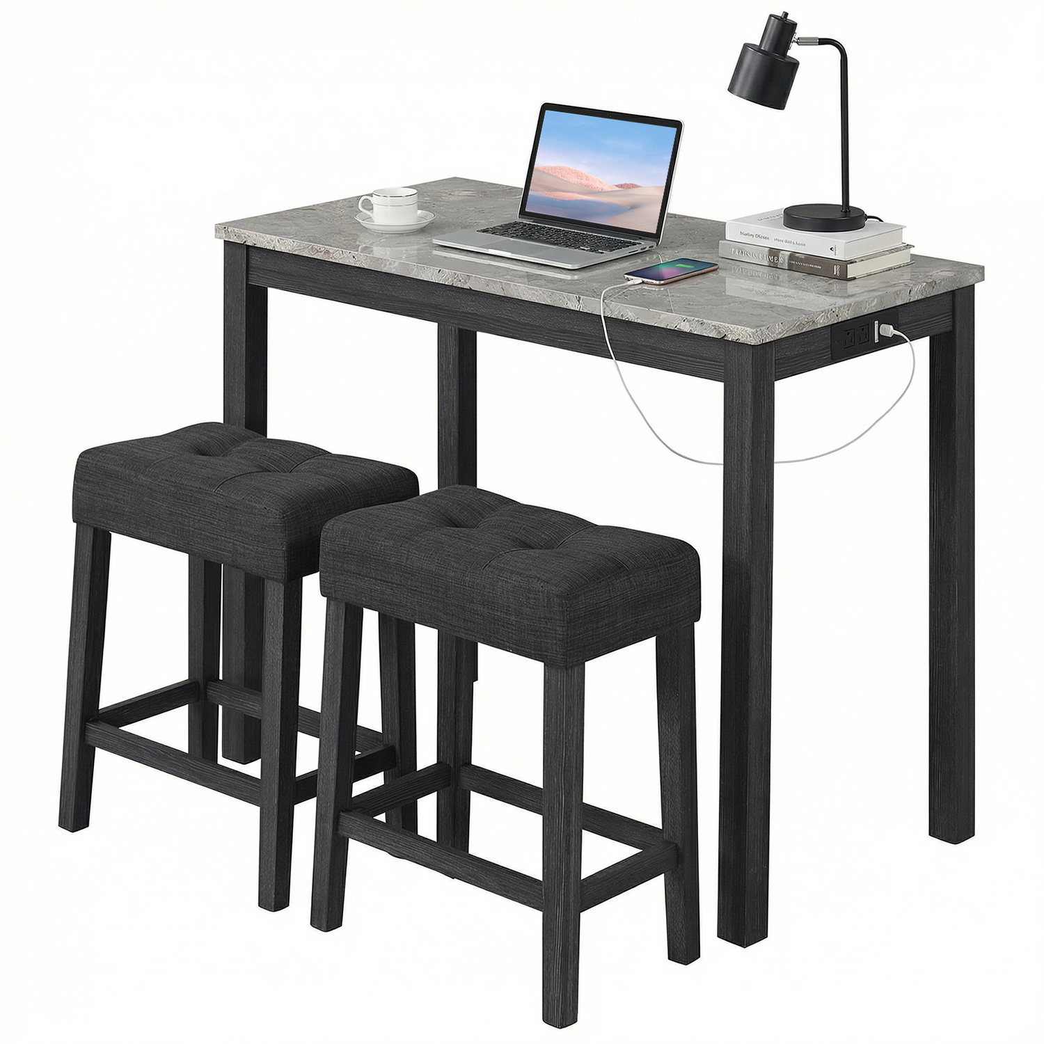 Costway 3-Piece Bar Table Set With Charging Station
