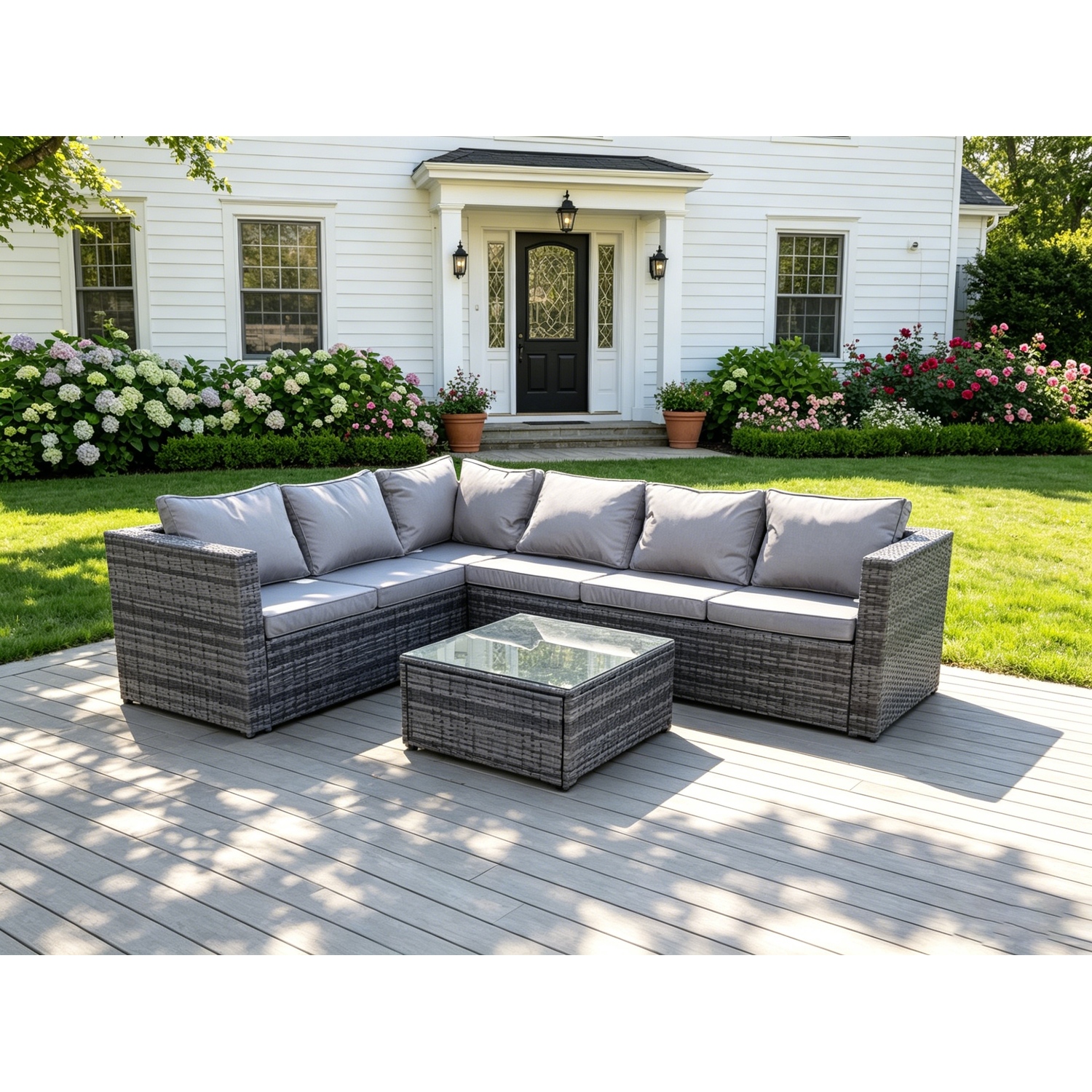 Fimous 6 Seater Rattan Corner Sofa Set Square Coffee Table