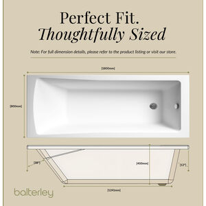 Balterley Modern Square Single Ended Straight Shower Bath with Leg Set, 1800mm