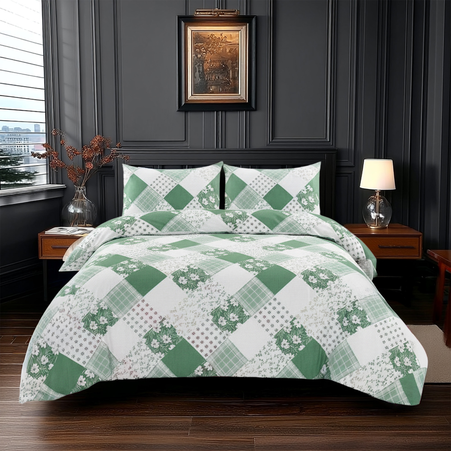 Snug City Duvet Cover Pillowcase Floral Patchwork Design Polycotton Bed Linen in Green | Size: Single