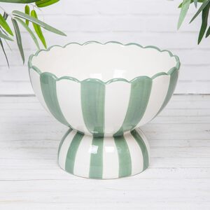 Green Yellow Blue & White Striped Fruit Bowl Scalloped Ceramic Pedestal Dish