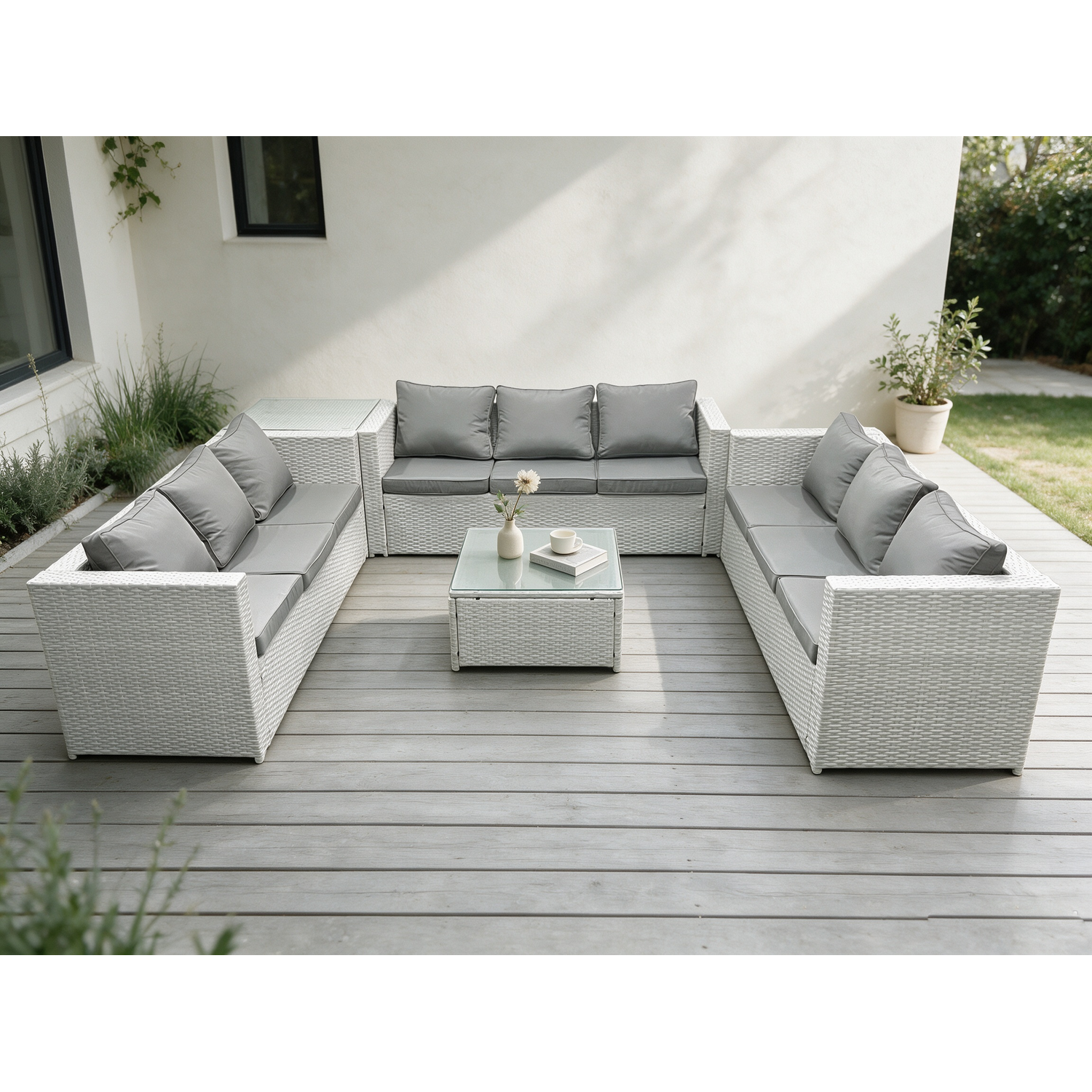 Fimous Unisex Light Grey Seat Lounge Outdoor Pe Rattan Garden Furniture Set Wicker Sofa Set Oblong Coffee Table Size 10 - Image 2