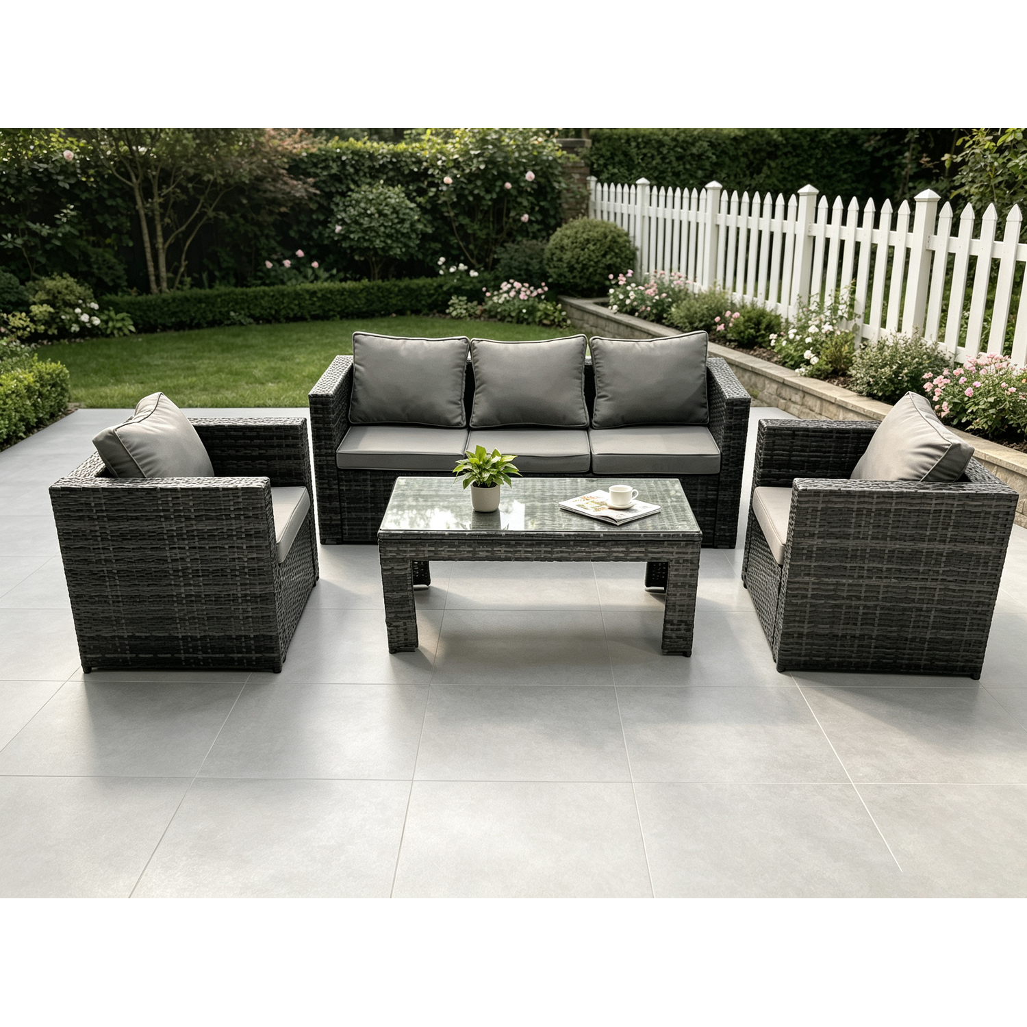 Fimous Dark/Grey Lounge Rattan Sofa Set Outdoor Garden Furniture With 2 Chairs Oblong Rectangular Coffee Table - Image 2