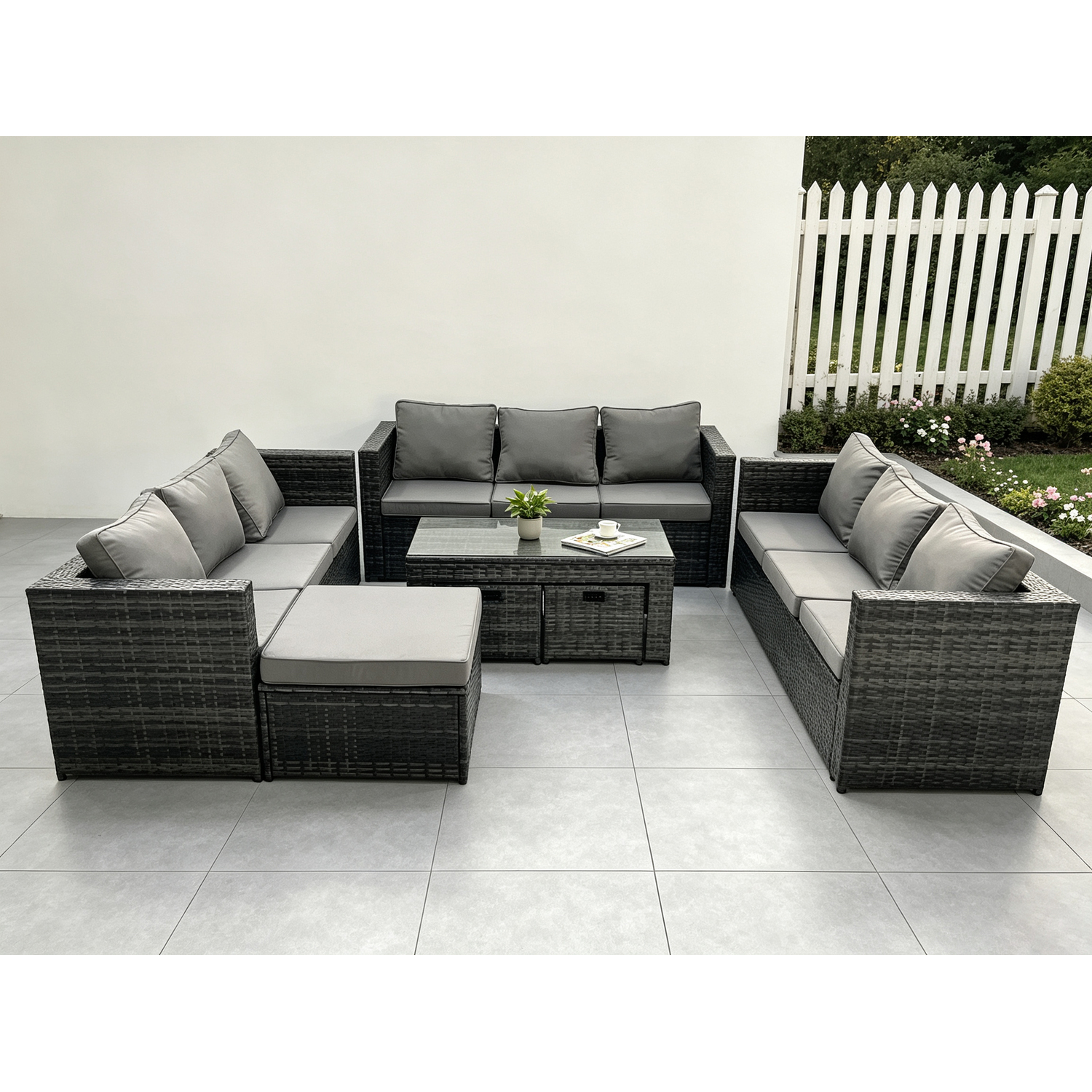 Fimous Unisex Dark Grey Outdoor Rattan Garden Furniture Lounge Sofa Set With Oblong Rectagular Coffee Table Footstool In Size 3 - Image 2