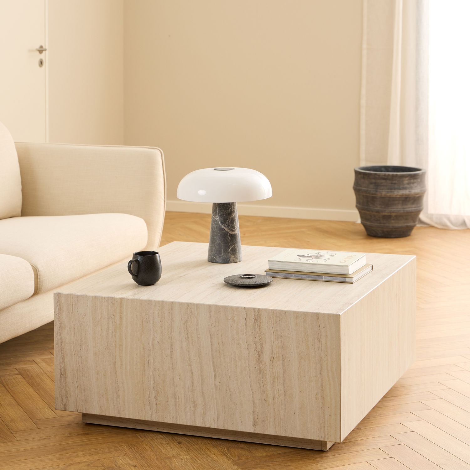 Florence Dice Travertine Effect Square Coffee Table - 90x90cm - Cream - Image 3