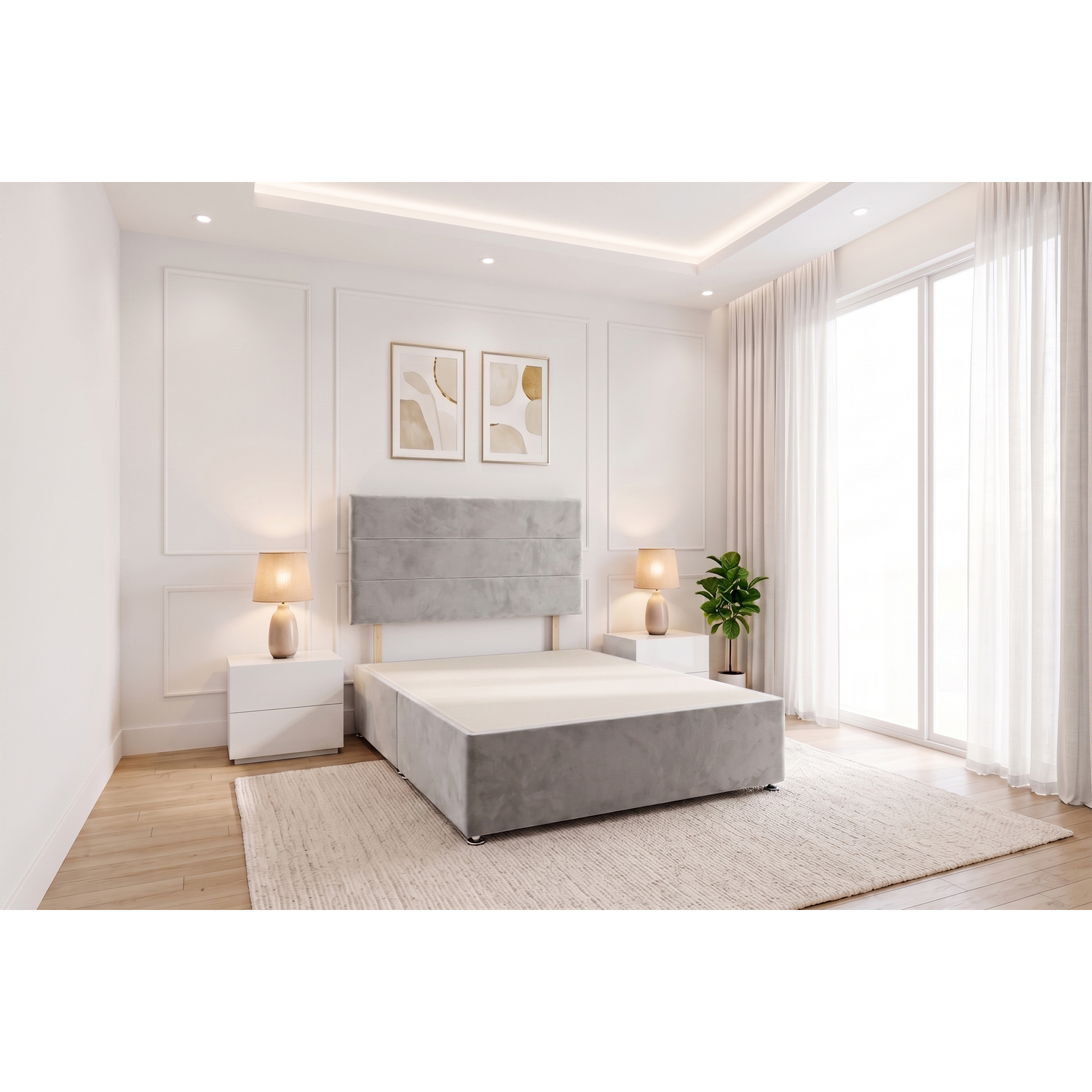 Knight Sleep York Silver Plush 4Ft6 Divan Bed Frame No Drawers With Upholstered Headboard - Double - Silver / Double