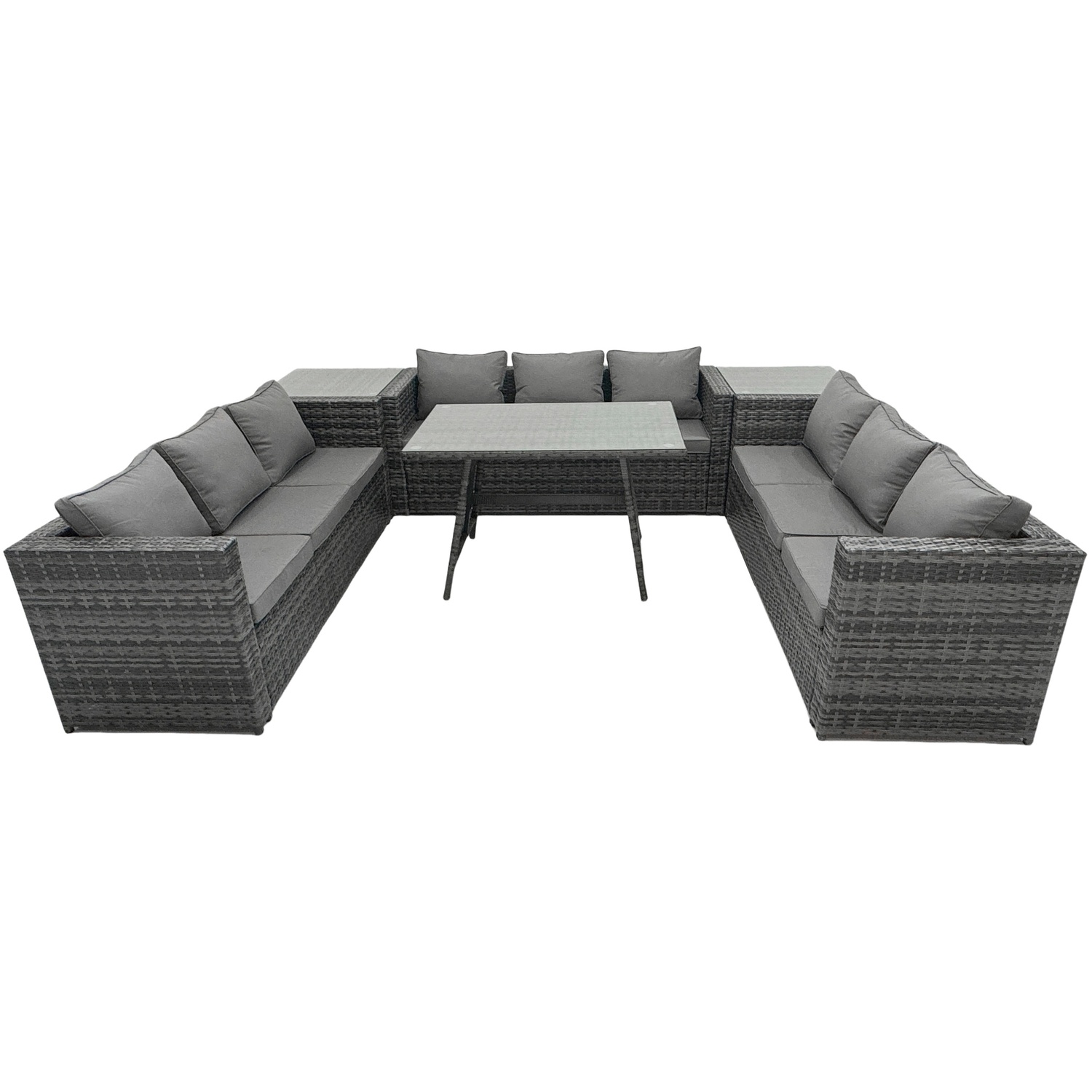 B&Q - 9 Seater Rattan Outdoor Furniture Sofa Garden Dining Set With Patio Dining Table 2 Side Tables Dark Grey - Image 2