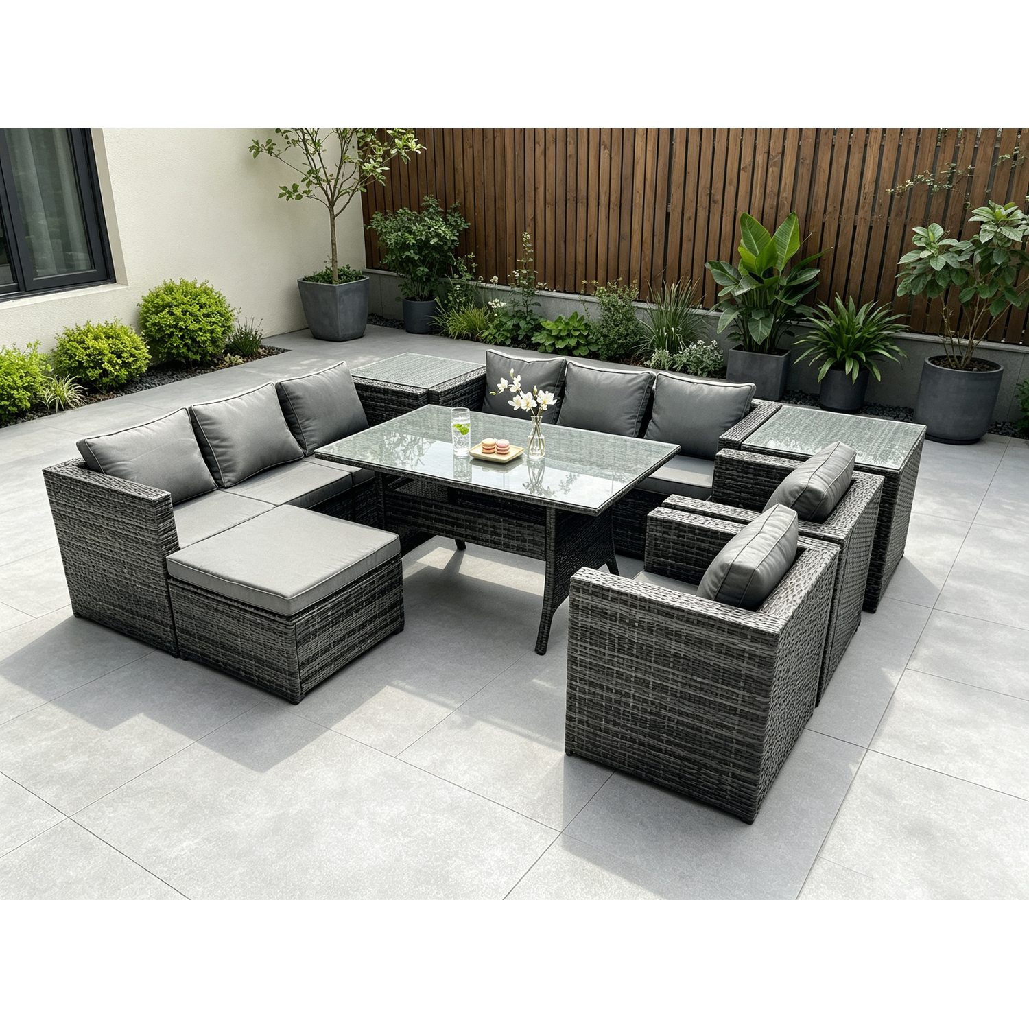 Rackhams Dark/Grey 9 Seater Mixed Rattan Outdoor Lounge Set - Rectangular Dining Table, 2 Armchairs, 2 Side Tables & Stool - Image 2