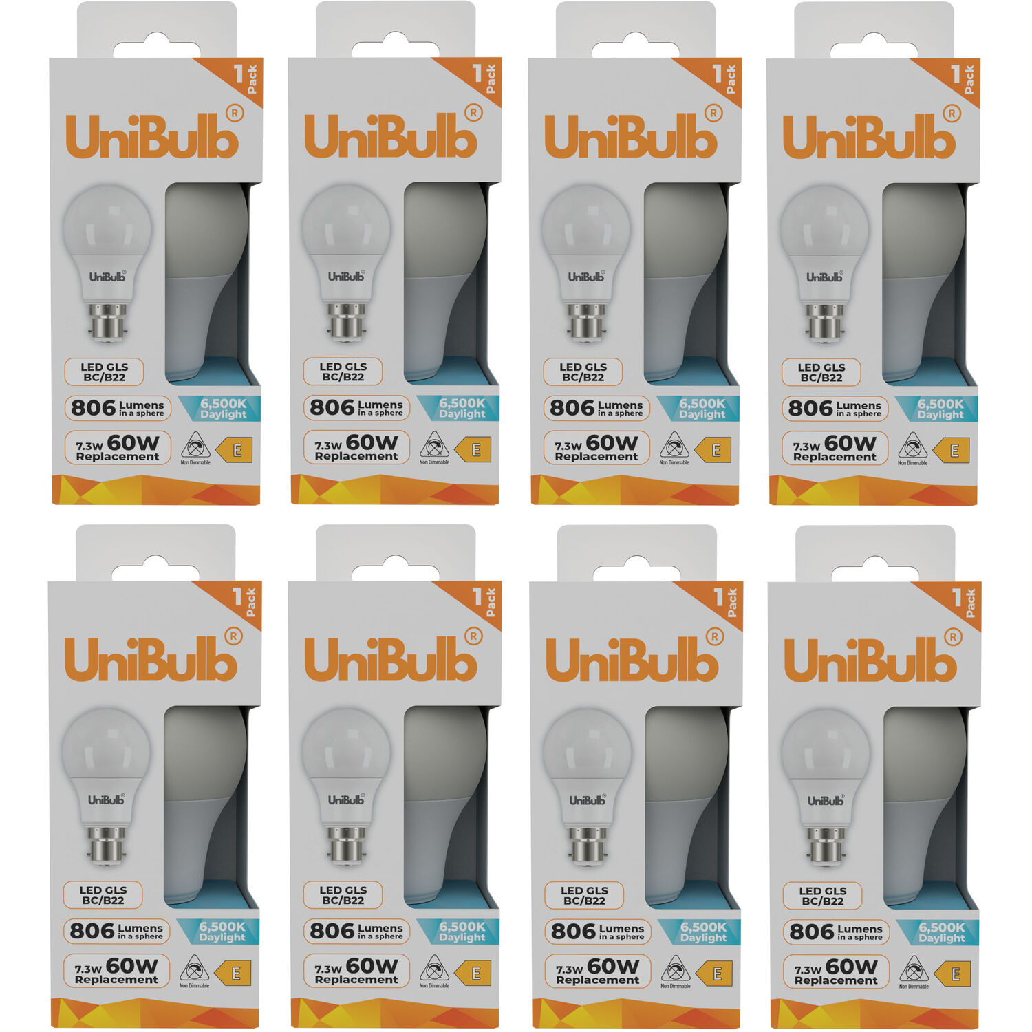 Unibulb Led Gls B22 (Bc) 806Lm 7.3W (Replaces 60W) 6500K (Daylight) Light Bulb - Pack Of 8 - Daylight