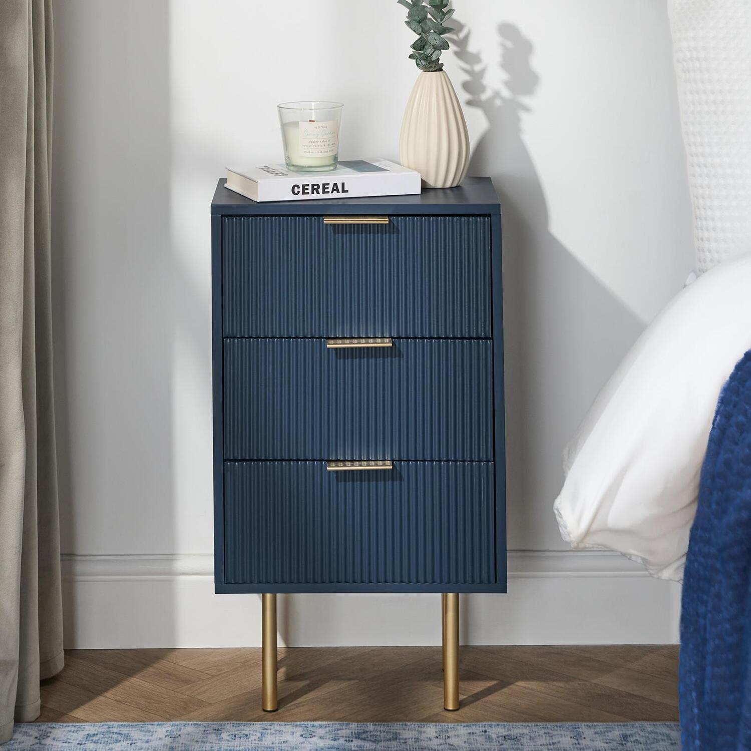 Ohs Ribbed 3-Drawer Bedside Table - Navy