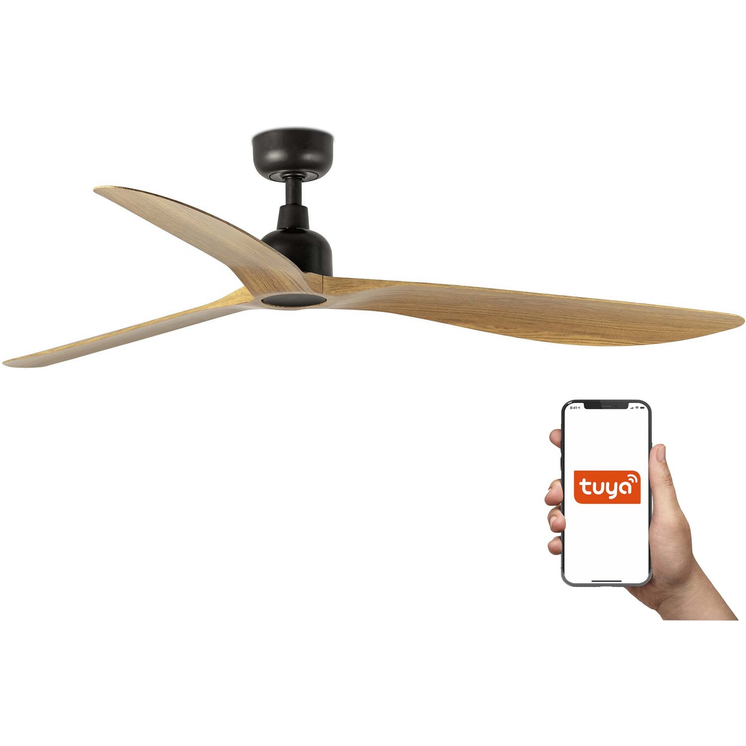 Outwood 150cm Smart Ceiling Fan Dark Brown, Light Oak Blades, IP44 - Image 2