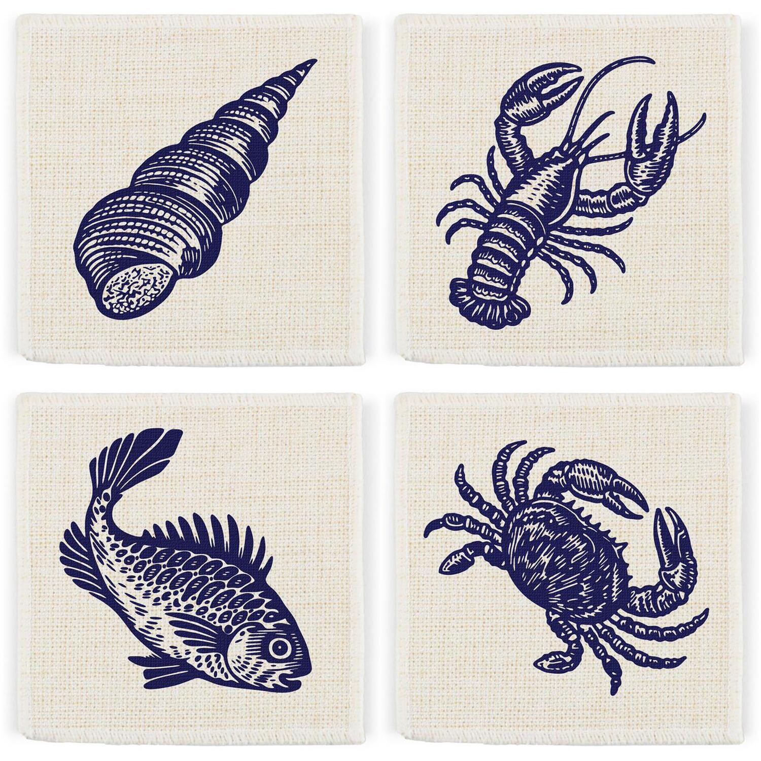 Purely Home Coastal Fabric Coaster Set - Blue Seaside Beach Decor Coasters Gift - Set Of 4 - Black