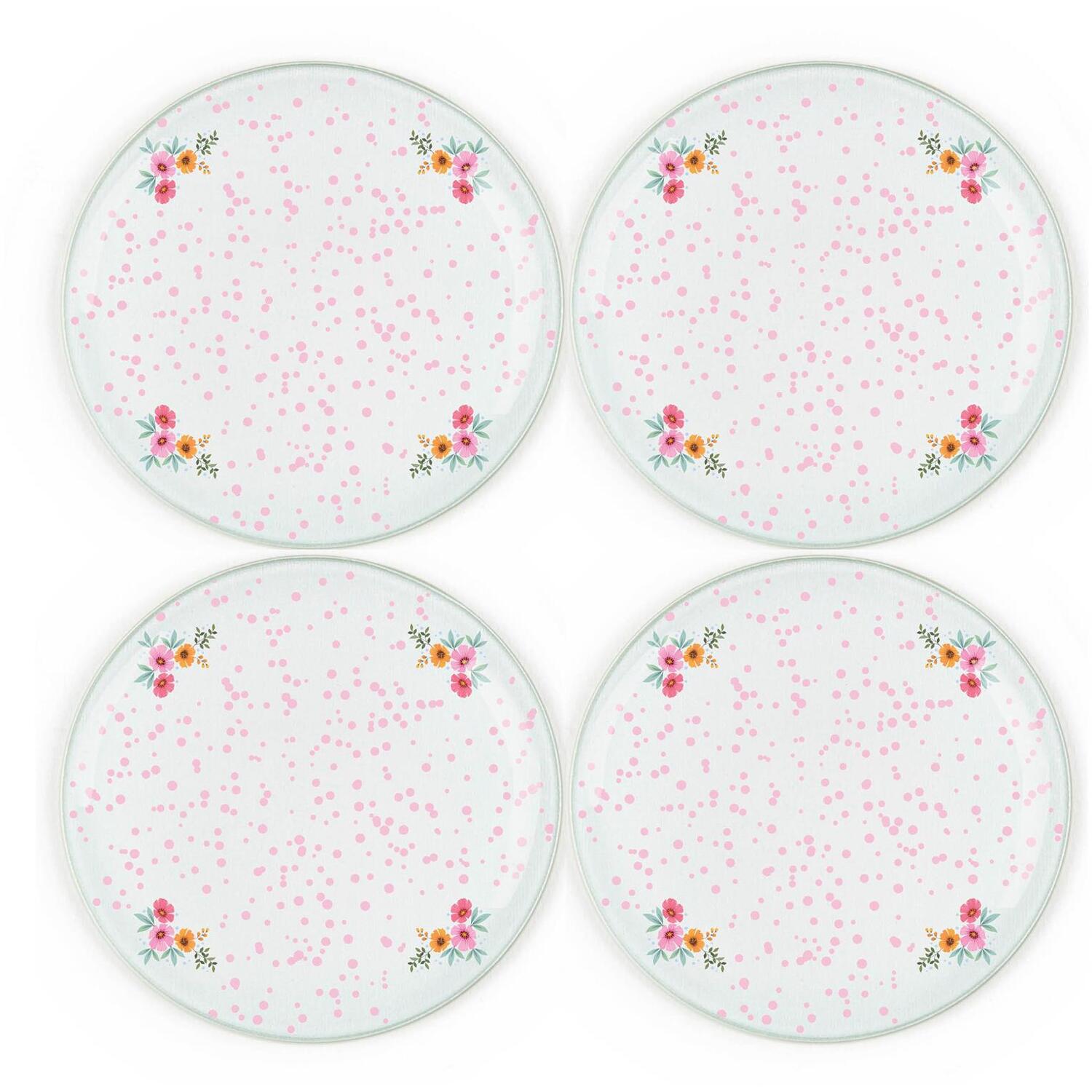B&Q - Pink Flowers Coaster SetRound Glass Floral Speckles Set Of 4 Coasters - Image 2
