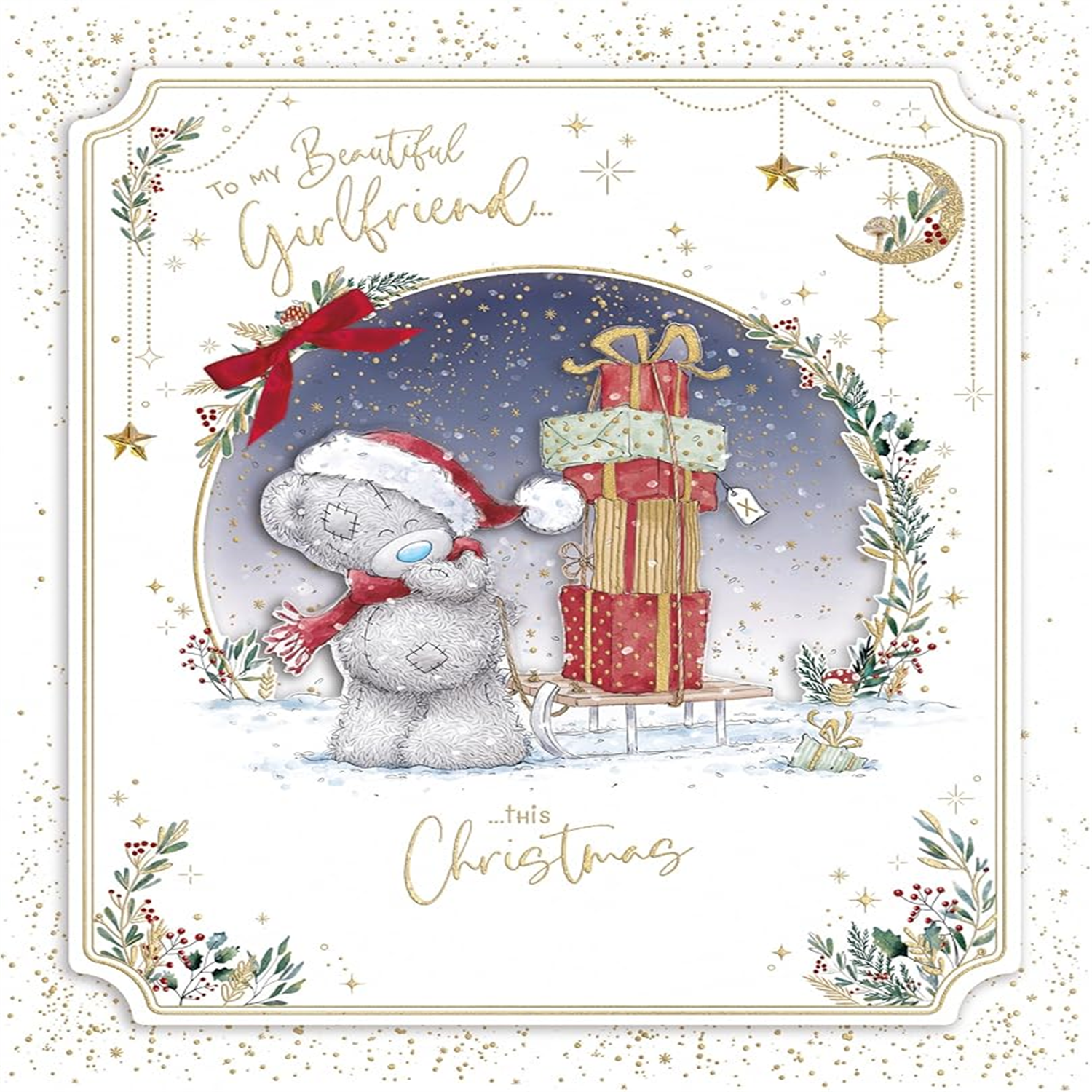 Me To You Bear With Sledge And Gifts Beautiful Girlfriend Luxury Handmade Boxed Christmas Card - Red - Image 3